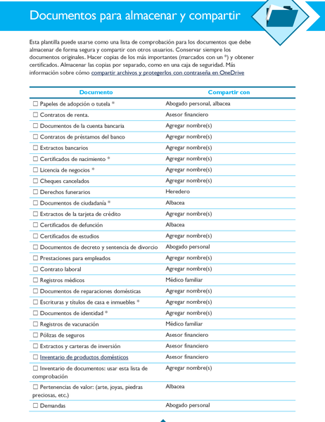Lista de comprobación de documentos para almacenar y compartir Lista de comprobación de documentos para almacenar y compartir