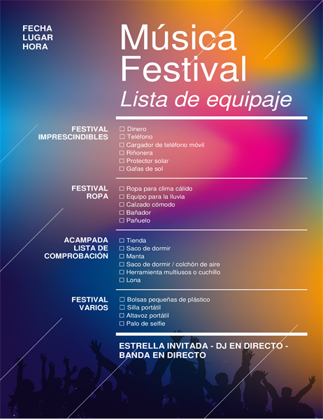 Lista de comprobación de equipaje para festival musical Lista de comprobación de equipaje para festival musical