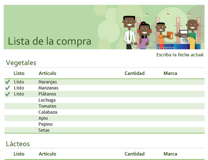 Lista de comestibles para la compra con espacio para la marca Lista de comestibles para la compra con espacio para la marca