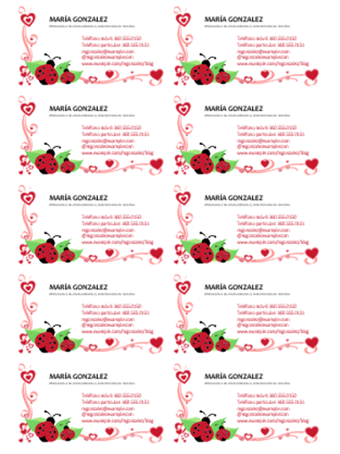 Tarjetas de presentación (mariquitas y corazones, alineadas a la izquierda, 10 por página) Tarjetas de presentación (mariquitas y corazones, alineadas a la izquierda, 10 por página)