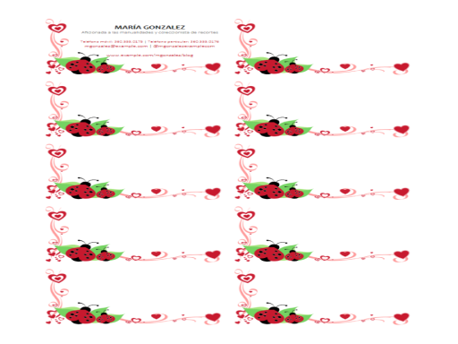Tarjetas de presentación (mariquitas y corazones, centradas, 10 por página)