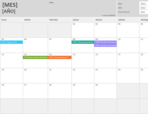 Calendario de deberes Calendario de deberes