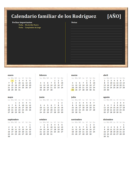 Calendario familiar (cualquier año, de lunes a domingo) Calendario familiar (cualquier año, de lunes a domingo)