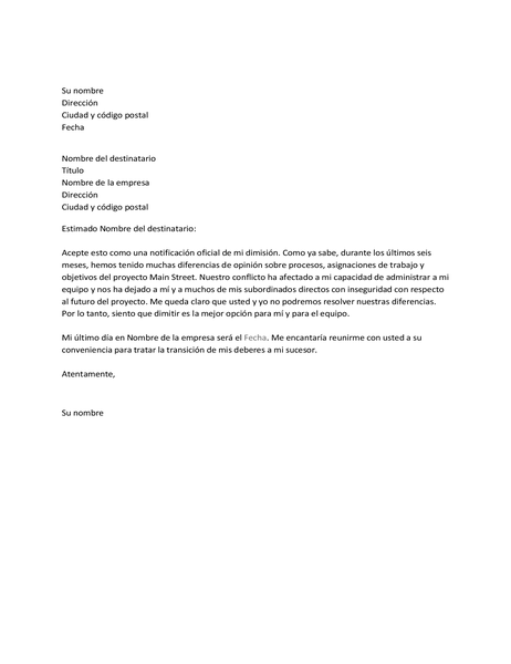 Carta de renuncia debido a un conflicto con el jefe