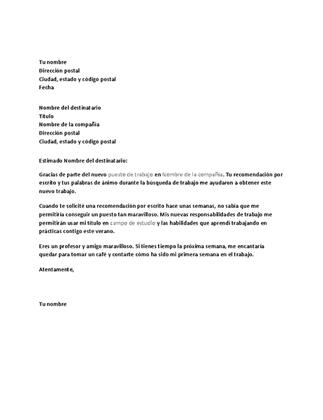 Carta de agradecimiento por una referencia de trabajo satisfactoria de un antiguo jefe Carta de agradecimiento por una referencia de trabajo satisfactoria de un antiguo jefe