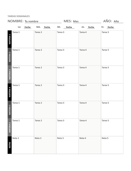 Hoja de tareas semanal Hoja de tareas semanal