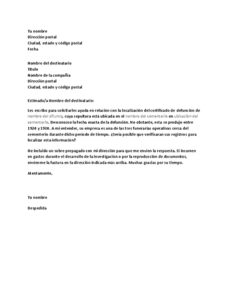 Carta para solicitar registros genealógicos a una funeraria Carta para solicitar registros genealógicos a una funeraria