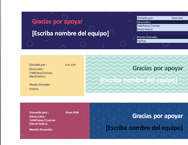 Recibo de donativo para el equipo (3 por Página) Recibo de donativo para el equipo (3 por Página)