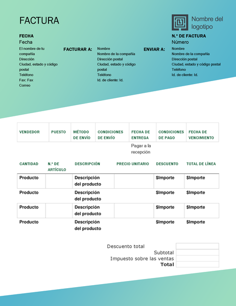 Factura de ventas (diseño degradado verde) Factura de ventas (diseño degradado verde)