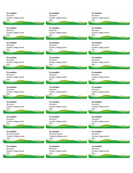 Etiquetas postales (diseño de ondas verdes, 30 por página) Etiquetas postales (diseño de ondas verdes, 30 por página)