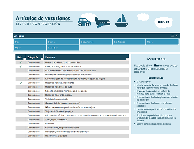 Lista de comprobación de vacaciones Lista de comprobación de vacaciones