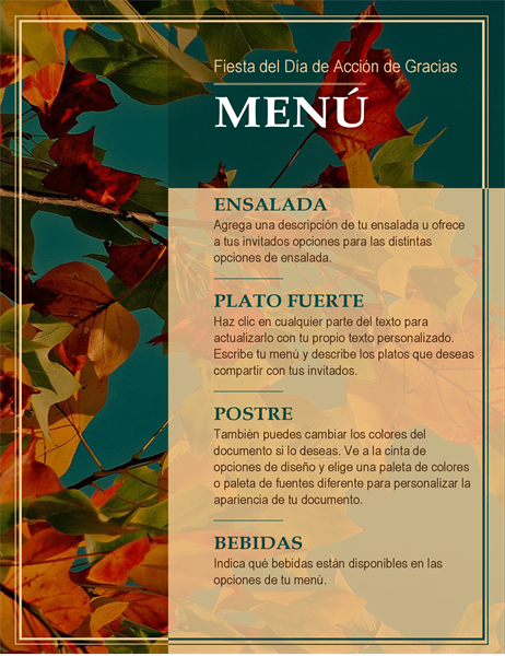 Menú de Acción de Gracias con hojas de otoño Menú de Acción de Gracias con hojas de otoño