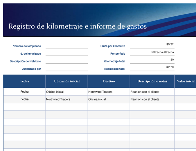 Registro azul de kilometraje e informe de gastos Registro azul de kilometraje e informe de gastos