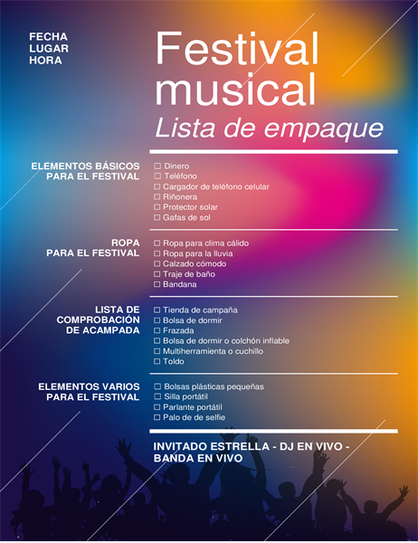 Lista de comprobación de embalaje de festival musical Lista de comprobación de embalaje de festival musical
