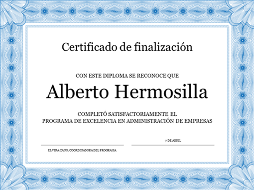 Certificado de finalización del curso (azul) Certificado de finalización del curso (azul)