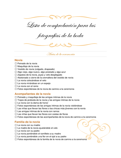 Lista de comprobación de fotos de la boda Lista de comprobación de fotos de la boda