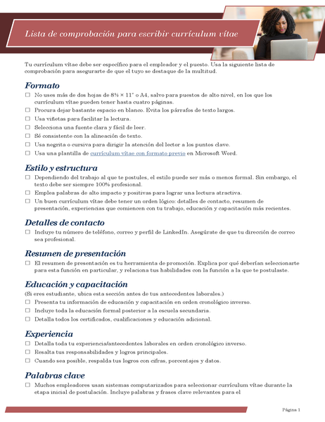 Lista de comprobación para escribir currículum vítae Lista de comprobación para escribir currículum vítae