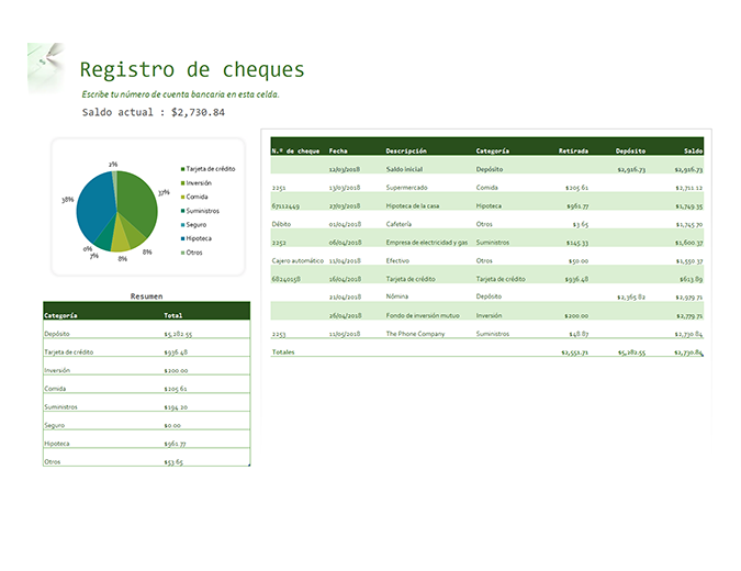 Registro de cheques con gráfico Registro de cheques con gráfico