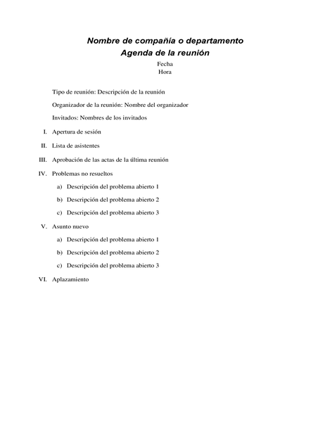 Agenda de la reunión formal Agenda de la reunión formal