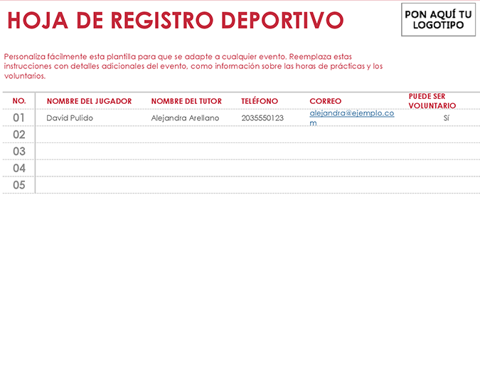 Hoja de registro deportivo Hoja de registro deportivo