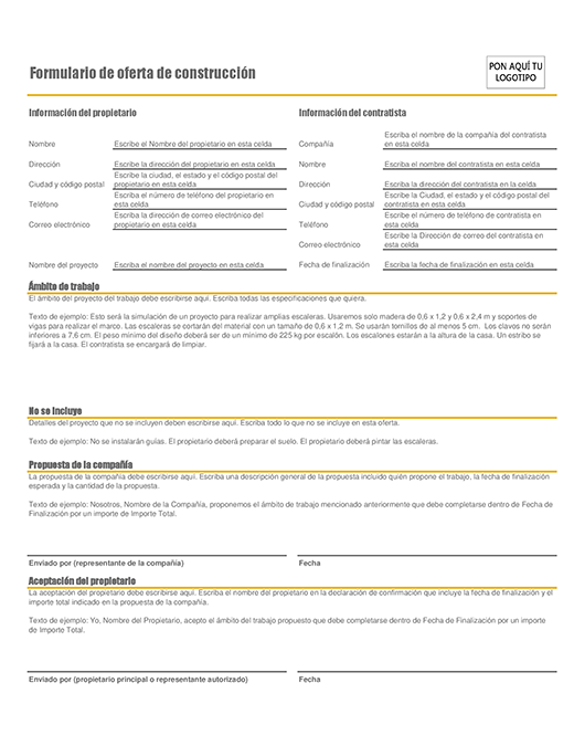 Formulario de la oferta de construcción Formulario de la oferta de construcción