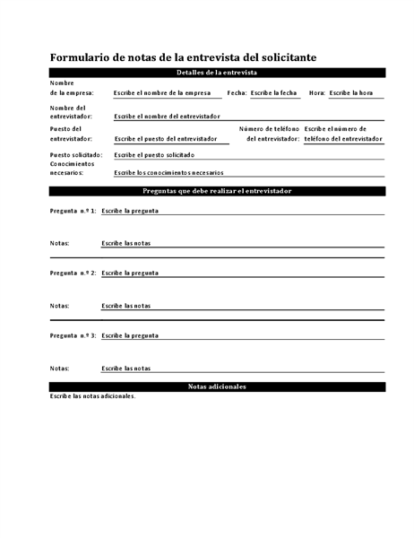 Formulario de notas de la entrevista del solicitante