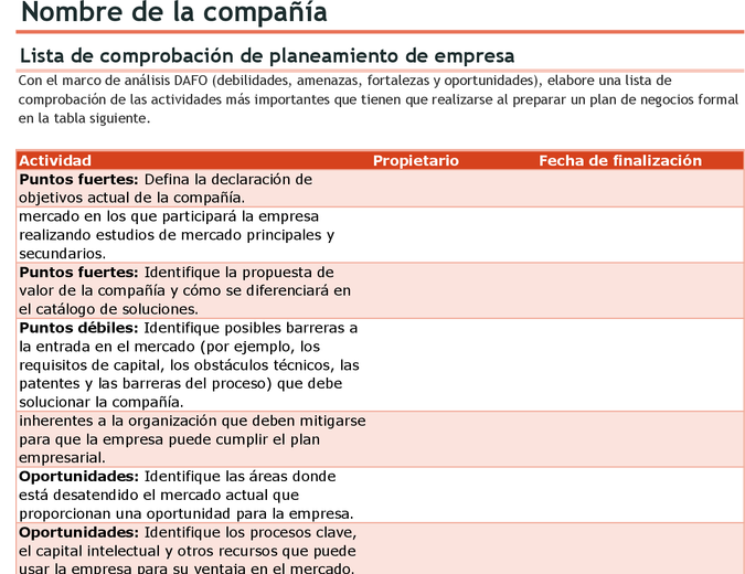 Lista de comprobación de plan de negocios con análisis DAFO Lista de comprobación de plan de negocios con análisis DAFO