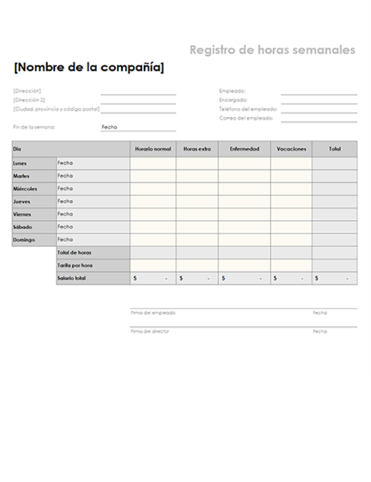 Parte de horas semanal con bajas por enfermedad y vacaciones Parte de horas semanal con bajas por enfermedad y vacaciones