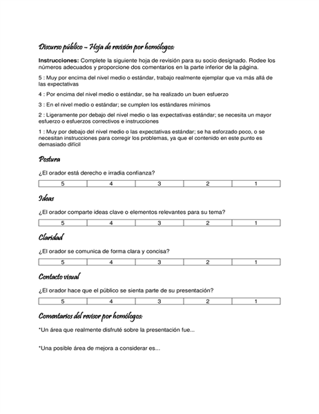 Hoja de revisión por homólogos de discurso público Hoja de revisión por homólogos de discurso público