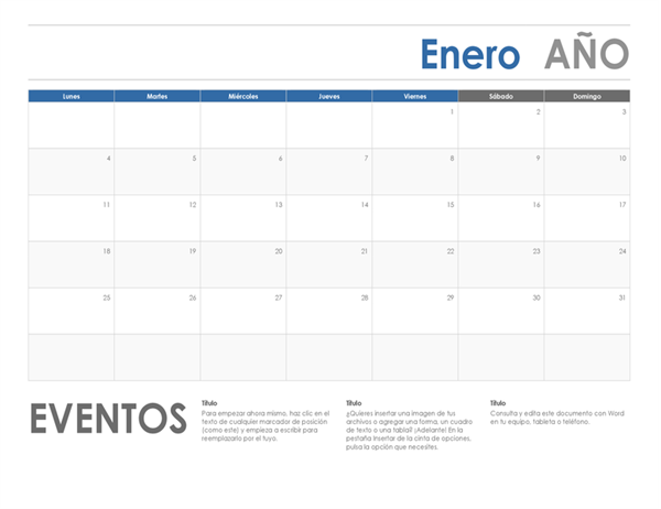 Calendario horizontal (inicio en domingo) Calendario horizontal (inicio en domingo)