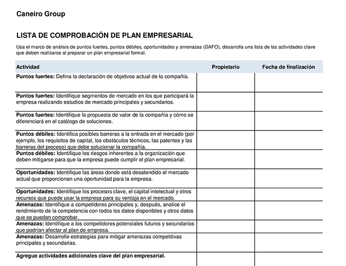 Lista de comprobación del plan empresarial Lista de comprobación del plan empresarial