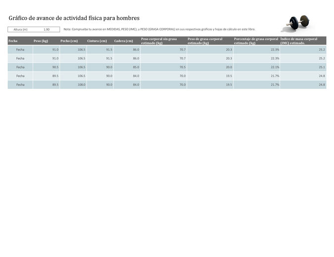 Gráfico de avance de actividad física para hombres (unidades métricas) Gráfico de avance de actividad física para hombres (unidades métricas)