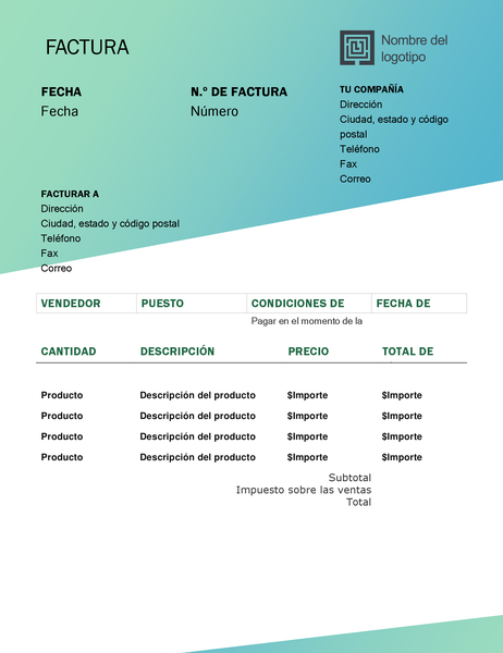 Factura de servicio (diseño degradado verde) Factura de servicio (diseño degradado verde)