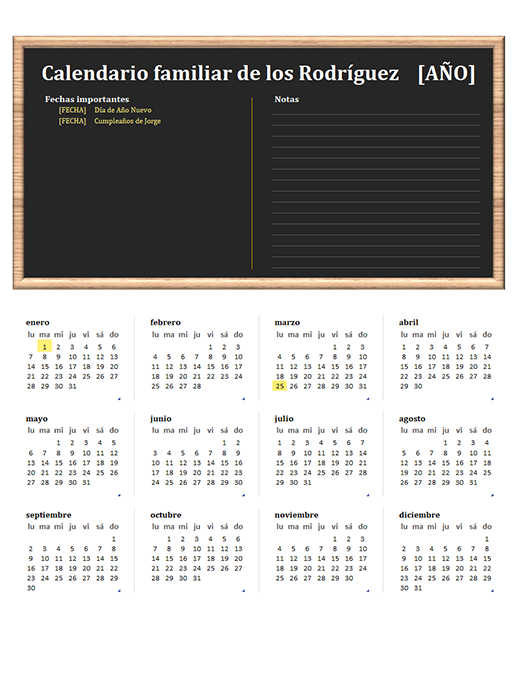 Calendario familiar (cualquier año, de lunes a domingo) Calendario familiar (cualquier año, de lunes a domingo)