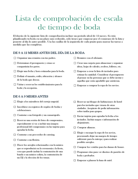 Lista de comprobación de escala de tiempo de boda Lista de comprobación de escala de tiempo de boda
