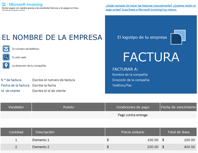 Factura de pedido con Microsoft Invoicing Factura de pedido con Microsoft Invoicing