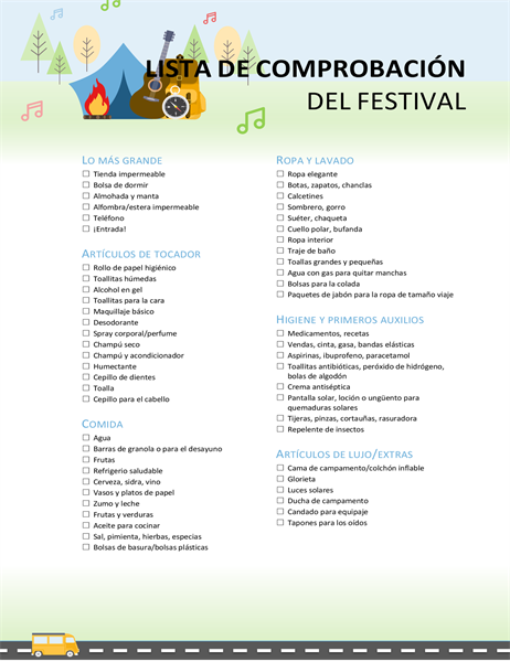 Lista de comprobación para el festival Lista de comprobación para el festival