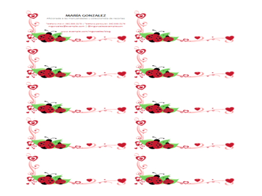 Tarjetas de presentación (mariquitas y corazones, centradas, 10 por página) Tarjetas de presentación (mariquitas y corazones, centradas, 10 por página)