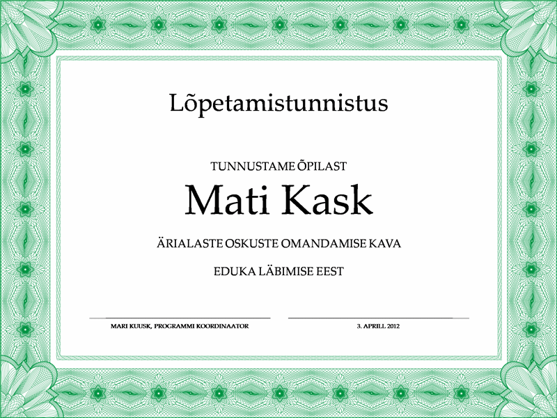 Lõpetamistunnistus (roheline) Lõpetamistunnistus (roheline)