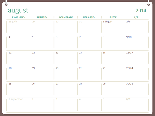 Kooliaasta kalender 2014–2015 (augustist juulini) Kooliaasta kalender 2014–2015 (augustist juulini)