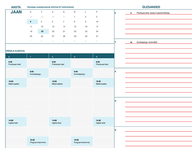 Kooliaasta kalender (kuupõhine)