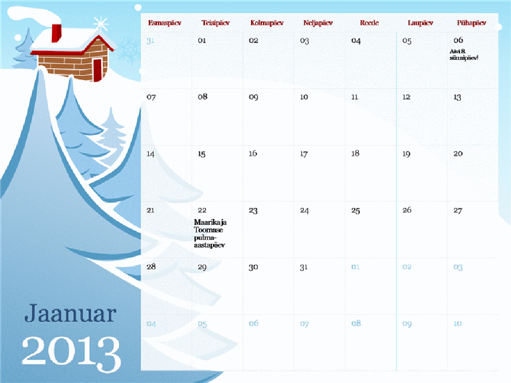 2013. aasta aastaajateemaline kalender, E–P 2013. aasta aastaajateemaline kalender, E–P