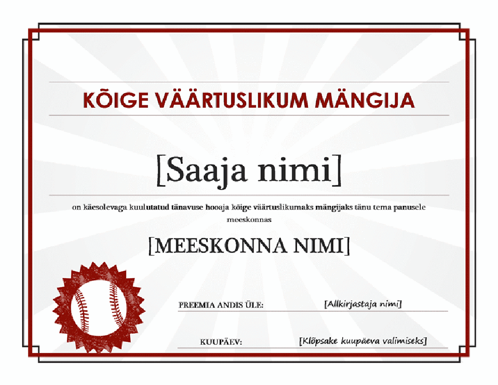 Kõige hinnatuma mängija tunnistus Kõige hinnatuma mängija tunnistus