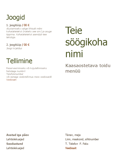 Kaasaostetava toidu menüü Kaasaostetava toidu menüü