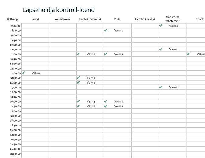 Lapsehoiu kontrolltabel Lapsehoiu kontrolltabel