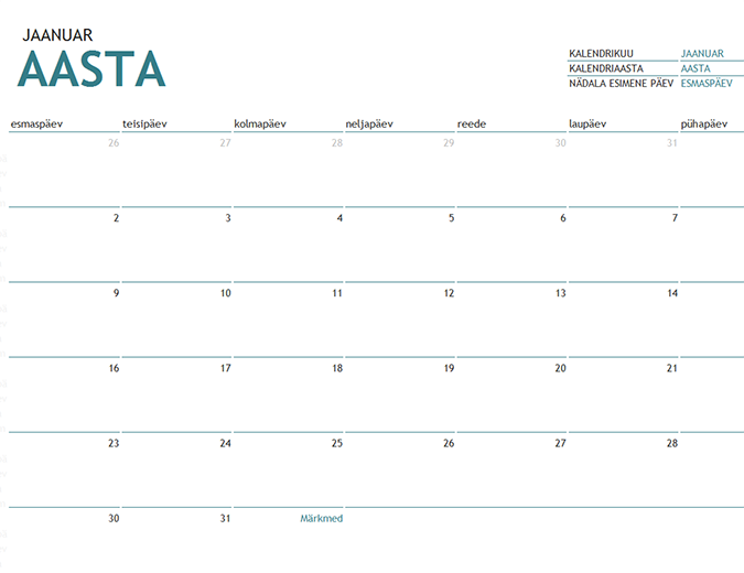 Aastast sõltumatu ühe kuu kalender märkmeruumiga Aastast sõltumatu ühe kuu kalender märkmeruumiga