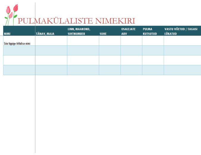 Pulmakülaliste nimekiri (tulpidega)