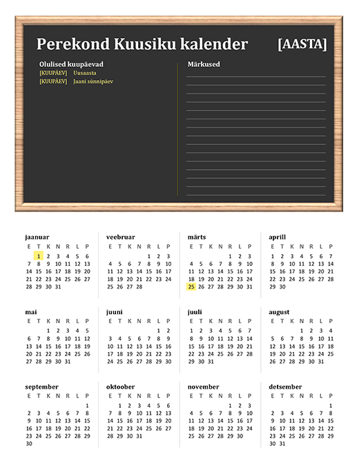 Perekalender (mis tahes aasta, E–P) Perekalender (mis tahes aasta, E–P)