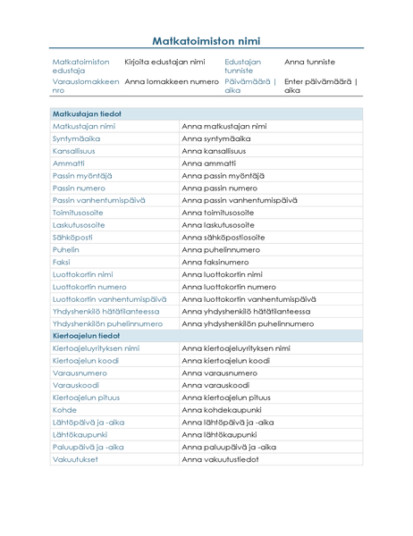 Asiakkaan matkasuunnitelman laatimislomake Asiakkaan matkasuunnitelman laatimislomake