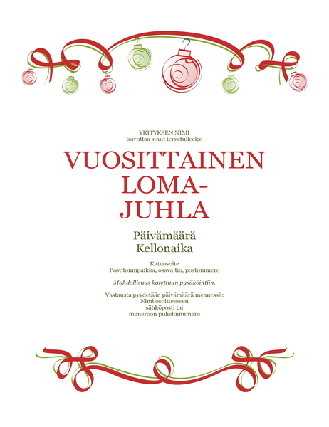 Lomajuhlakutsu, jossa on koristelua ja punainen nauha (virallinen rakenne) Lomajuhlakutsu, jossa on koristelua ja punainen nauha (virallinen rakenne)